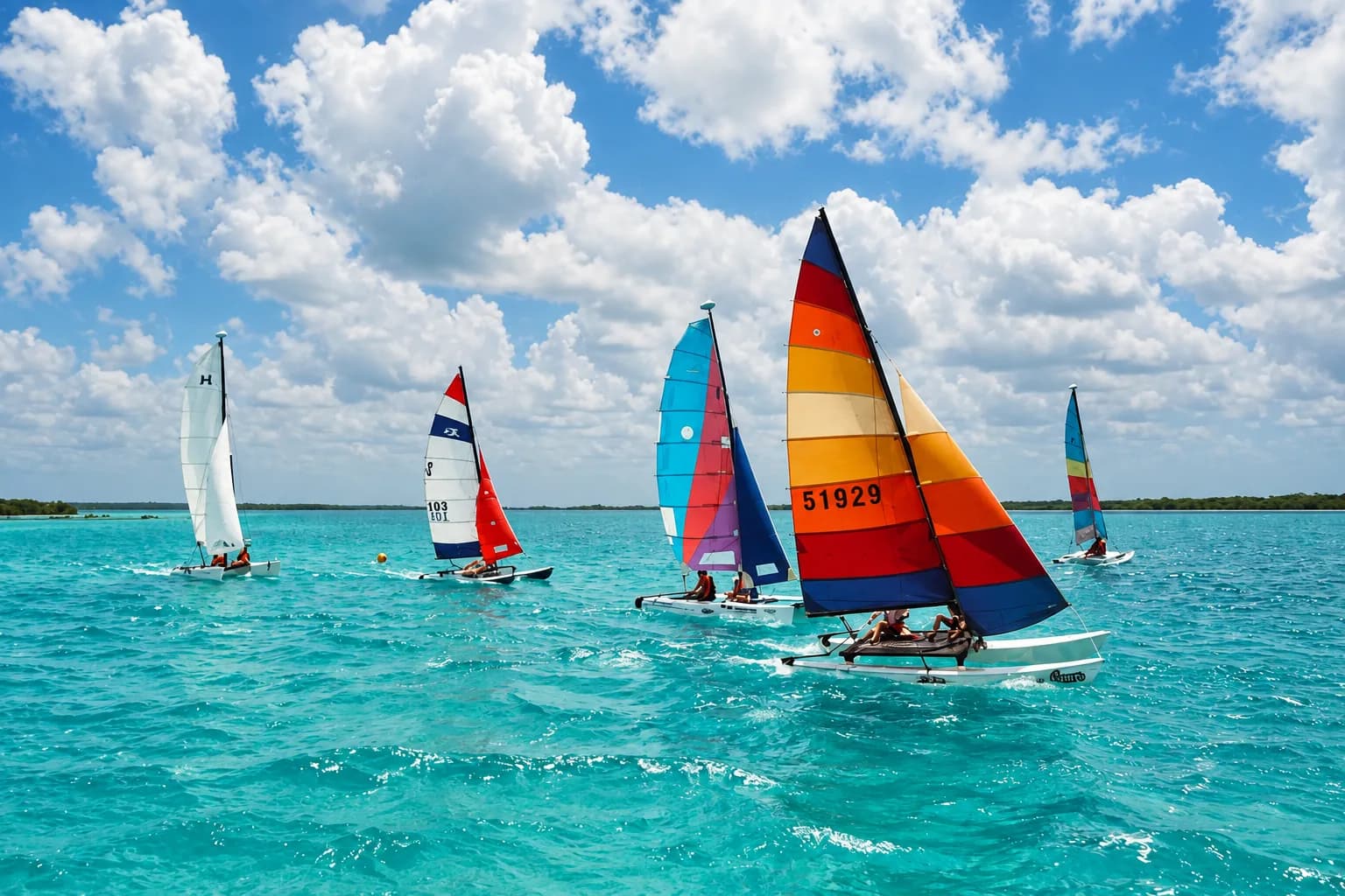 Catamaran de sport naviguant sur la lagune de Bacalar pendant le cours