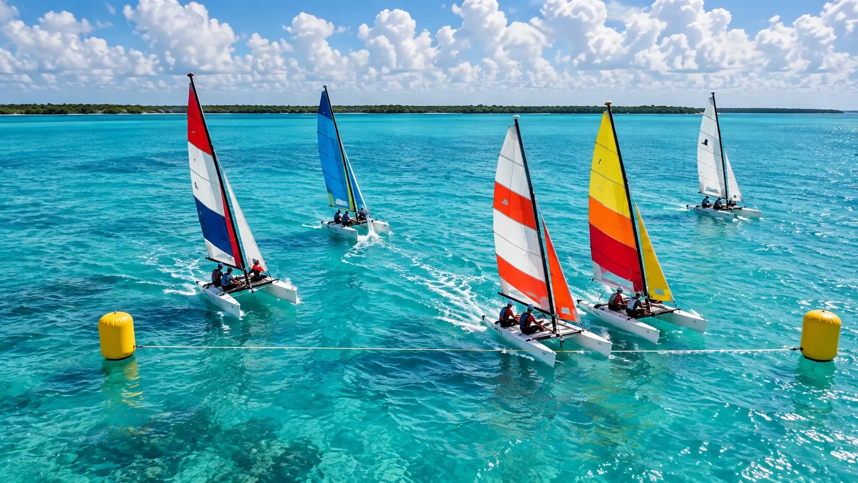 Voiliers en régate pendant le stage règles et tactique à Bacalar