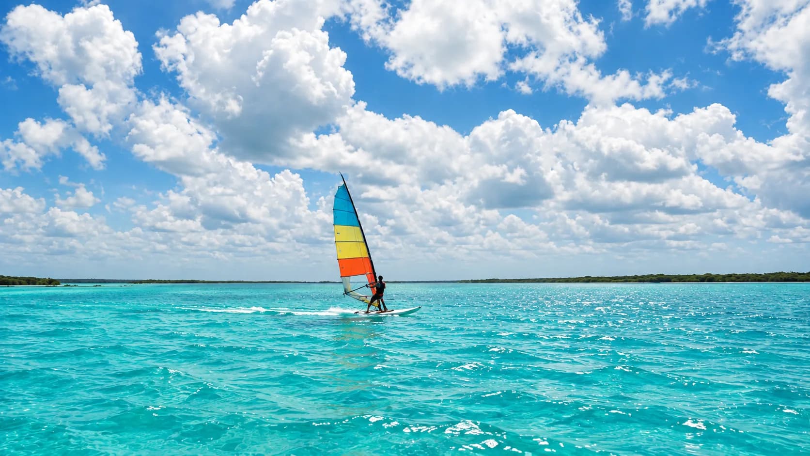 Planche à voile naviguant sur la lagune de Bacalar pendant le cours