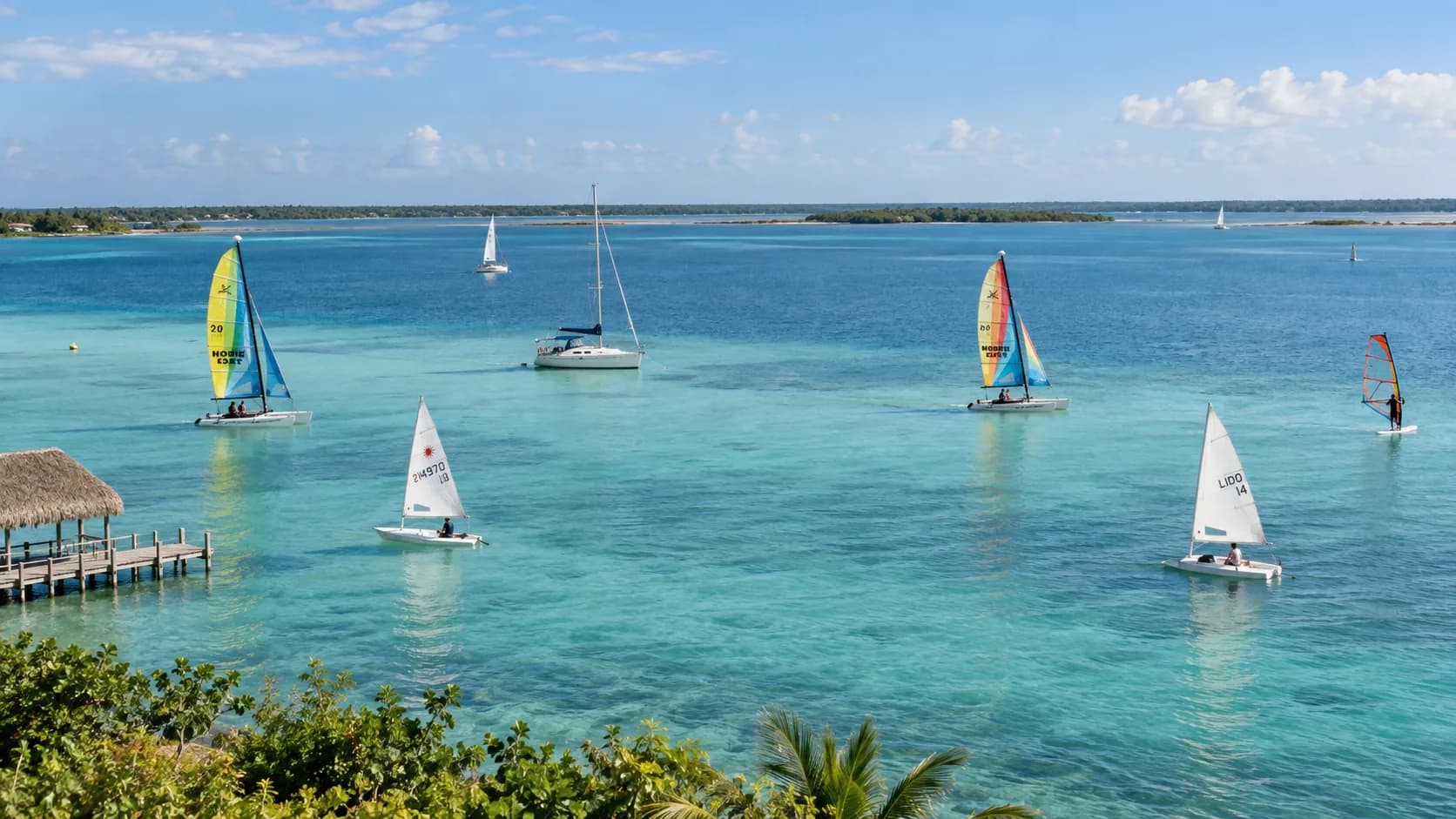 One of the school's sailboats under way on Bacalar Lagoon