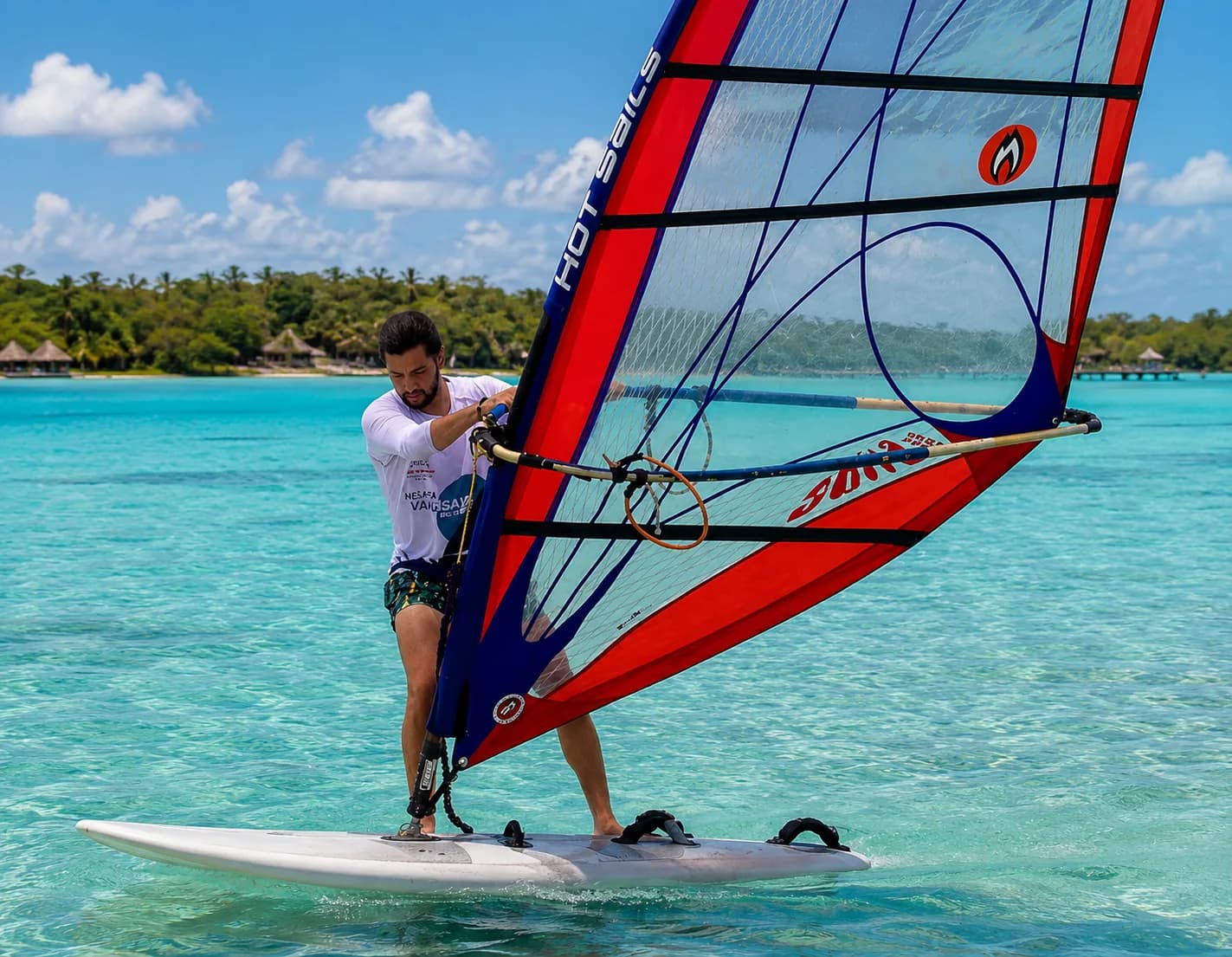 Equipo de windsurf navegando en la Laguna de Bacalar