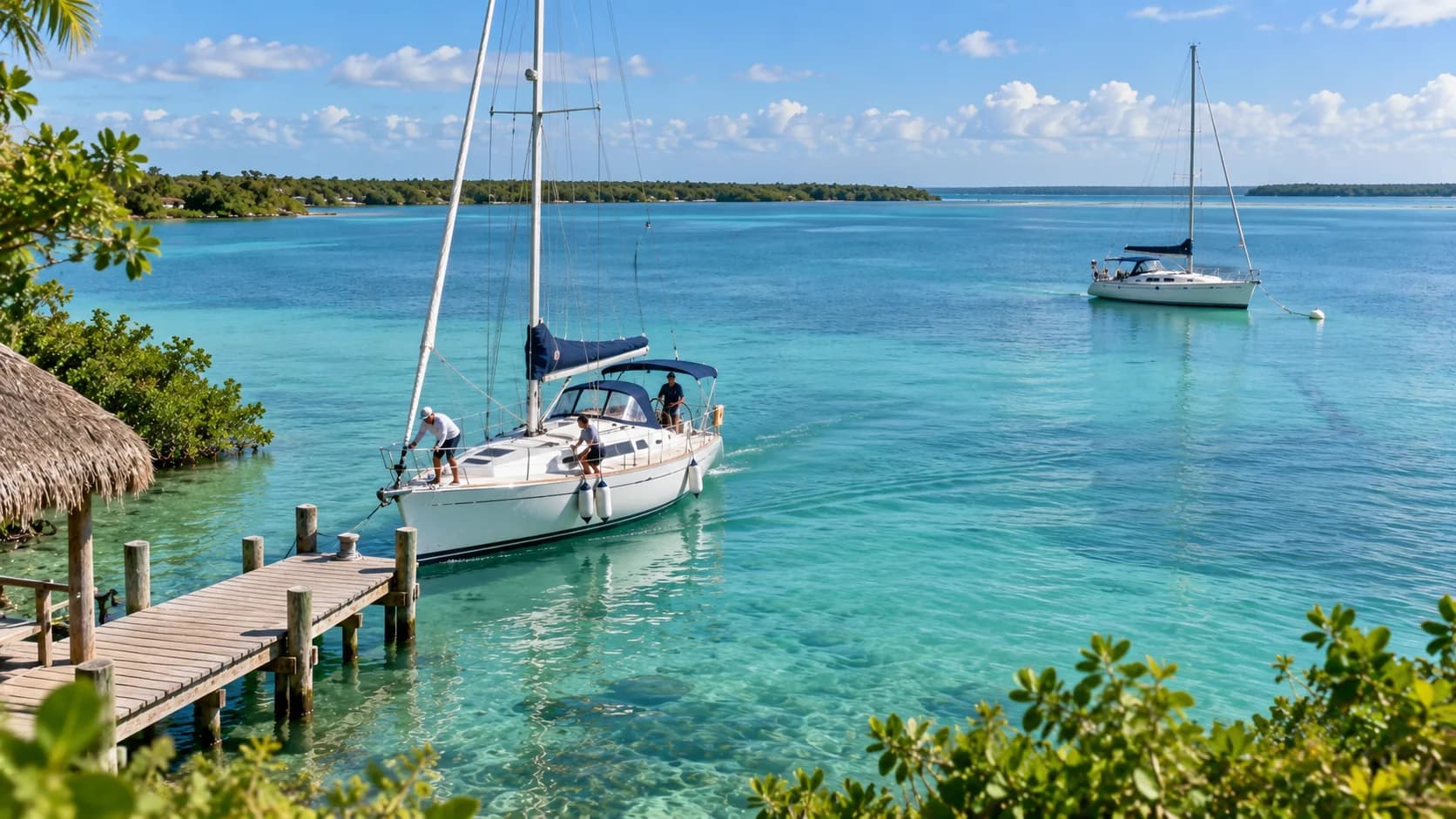 Manœuvre d’accostage et de mouillage d’un voilier sur la lagune de Bacalar
