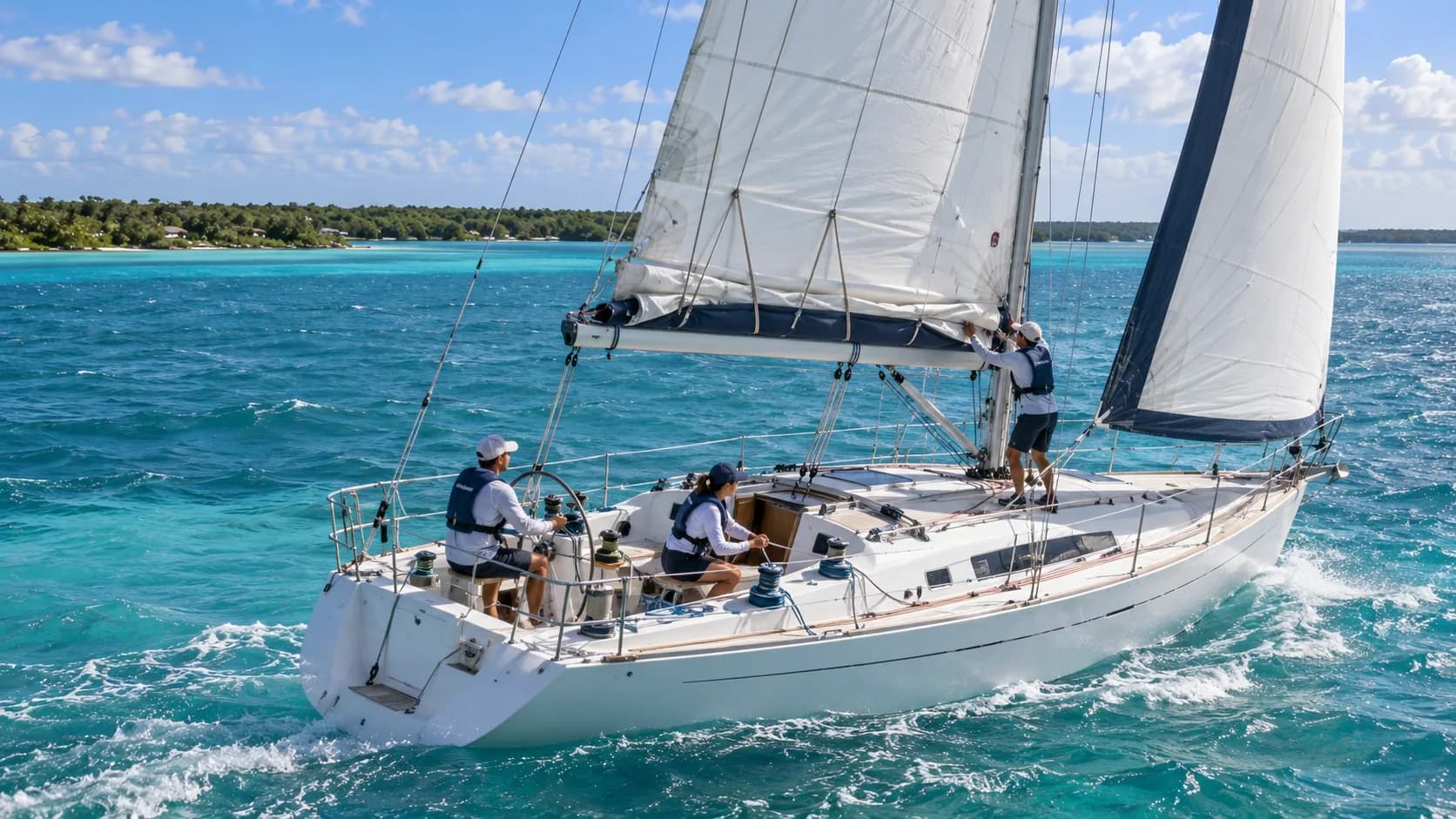 Tripulación tomando rizos y manejando molinetes con viento fuerte en Bacalar