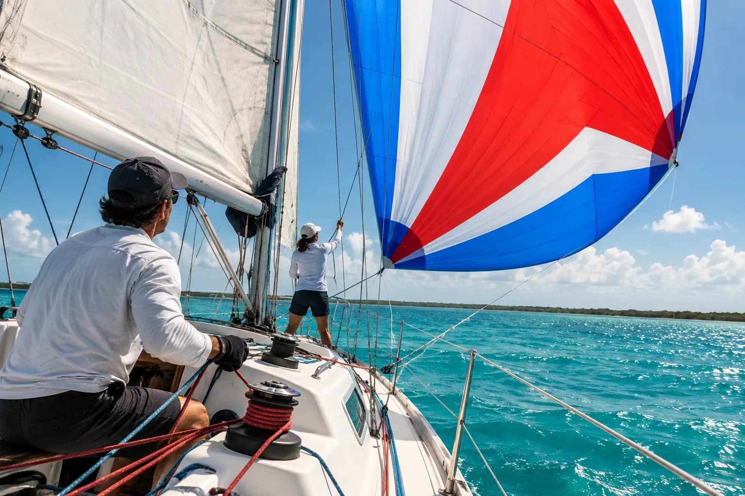 Voilier naviguant sous spinnaker sur la lagune de Bacalar
