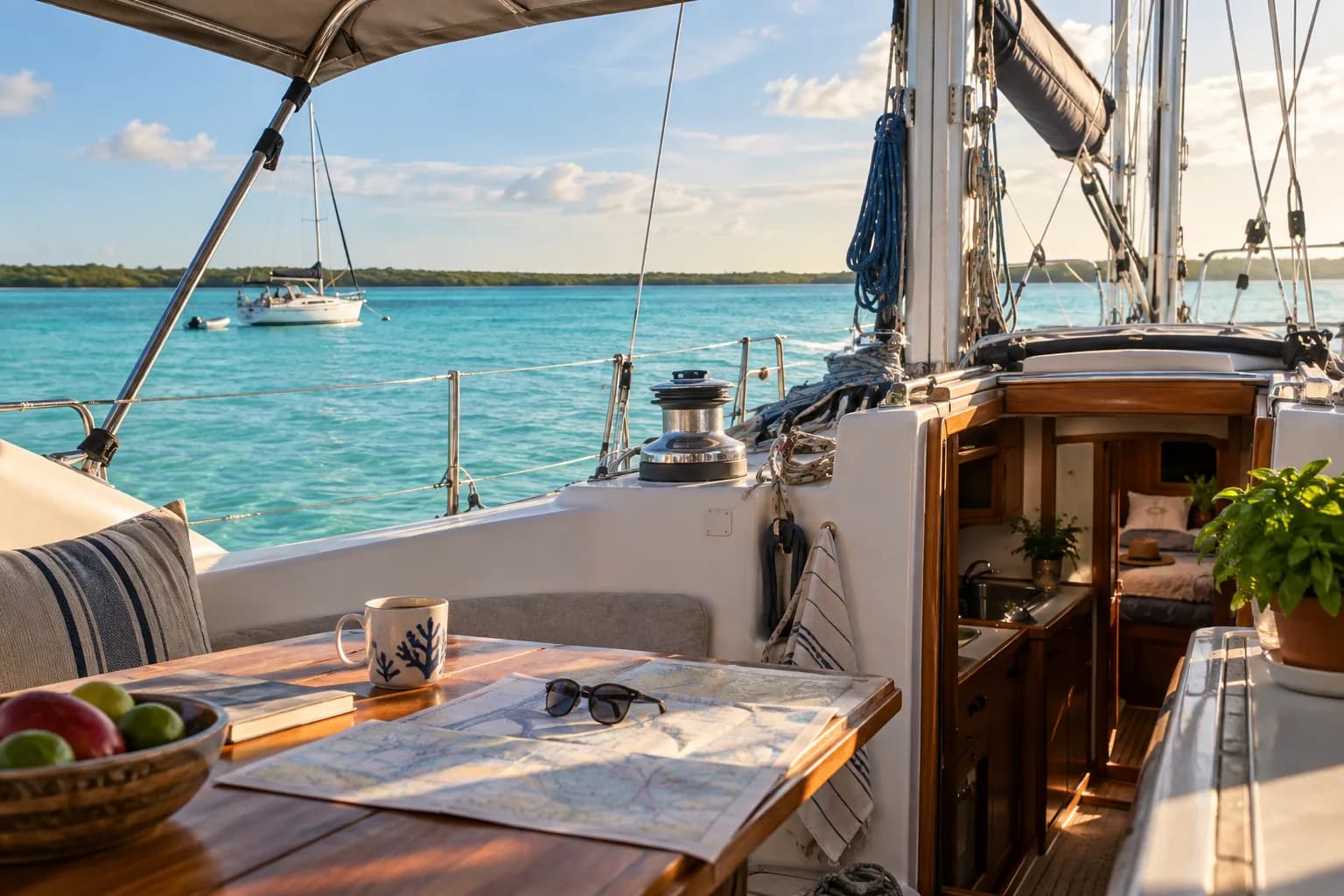 Life aboard a sailboat at anchor on the Bacalar lagoon